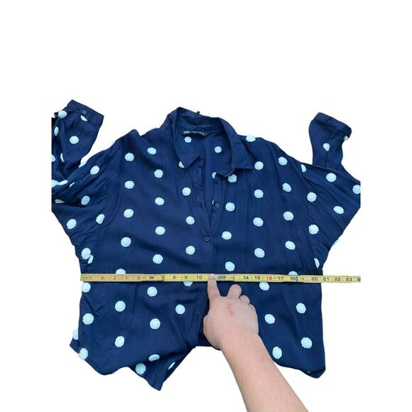 Zara Navy Blue Puff Polka Dot Long Sleeve Button Down Blouse Top Size XL - Picture 4 of 4